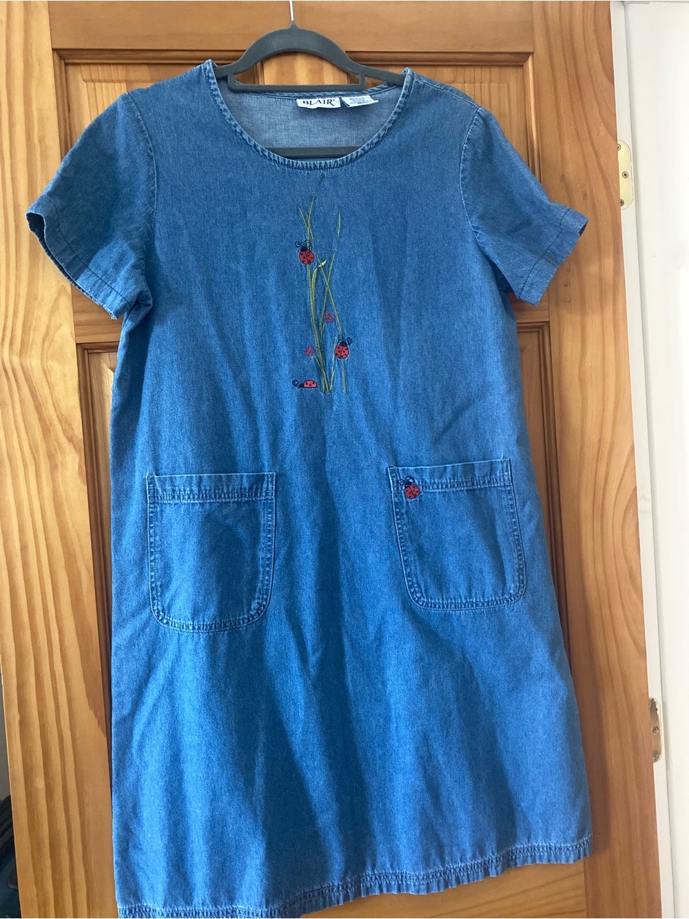 Vintage 90s Blair Denim Dress Small Ladybug Embroidered Cottagecore Pockets - Picture 7 of 13